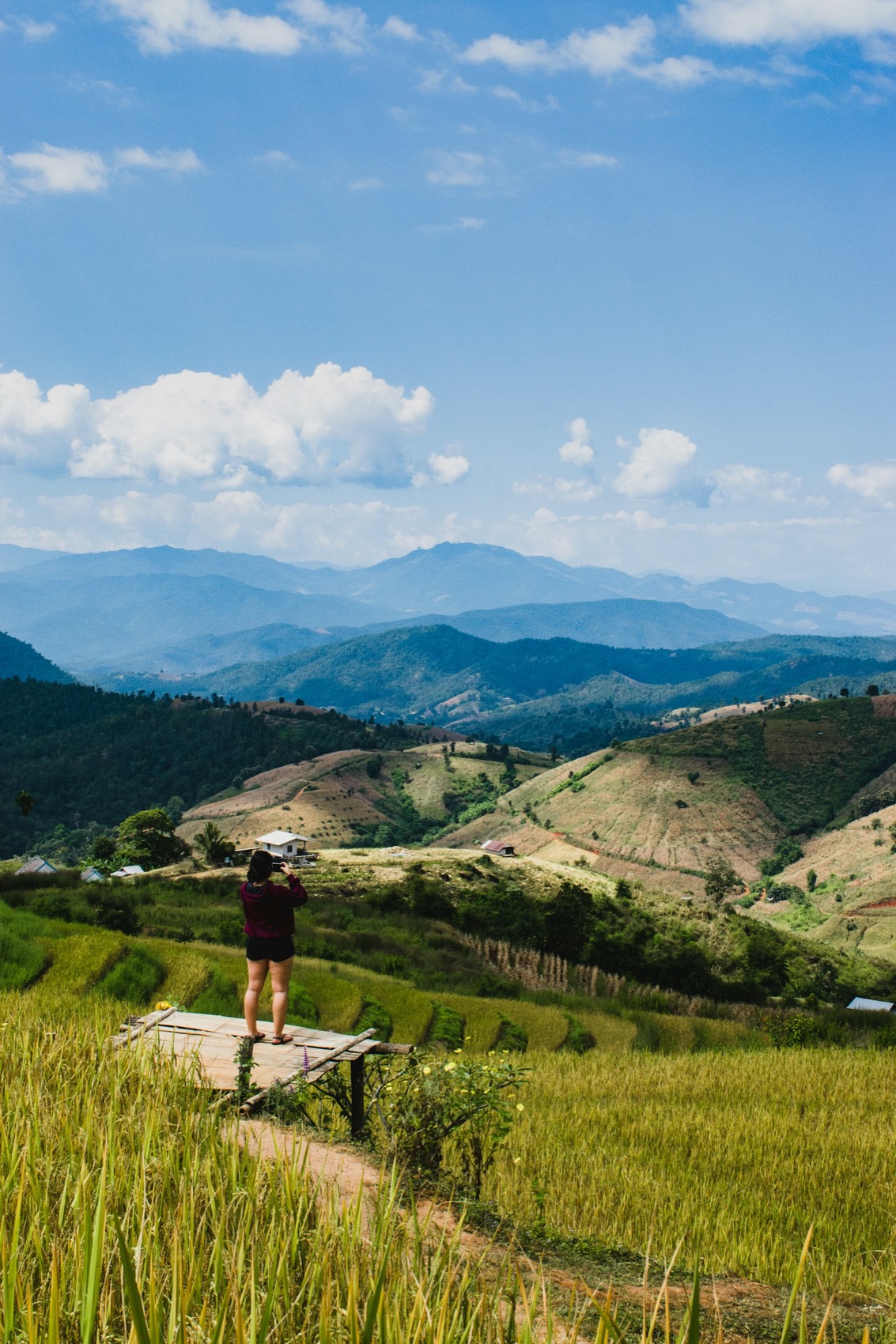 A lone figure overlooking layered rice terraces and distant mountains in northern Thailand